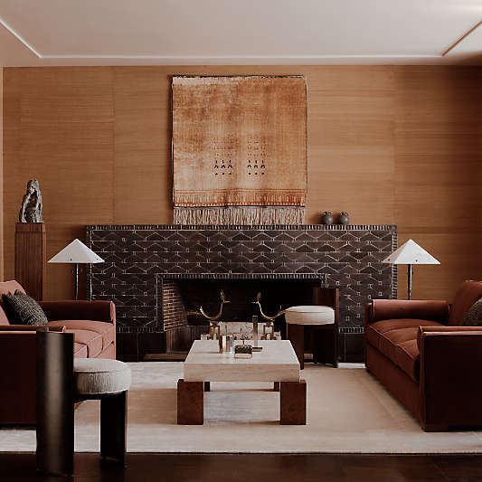 Dualité Travertine and Burl Wood Block Leg 53" Coffee Table by Athena Calderone