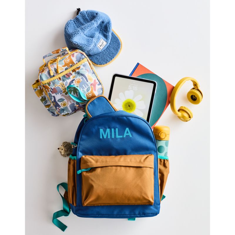 Colorblock Navy and Ochre Large Kids Backpack with Side Pockets - image 2 of 19