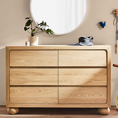 Emery 52" Natural Oak Wood Wide 6-Drawer Kids Dresser