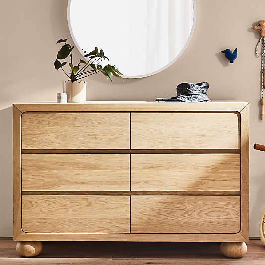 Emery 52" Natural Oak Wood Wide 6-Drawer Kids Dresser