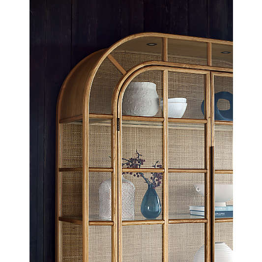 Atrium White Oak and Rattan 4-Shelf Lighted Storage Cabinet