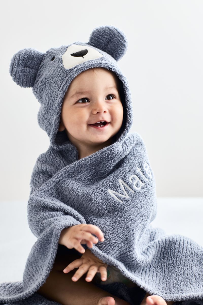 Bear Smoke Blue Organic Cotton Hooded Baby Towel