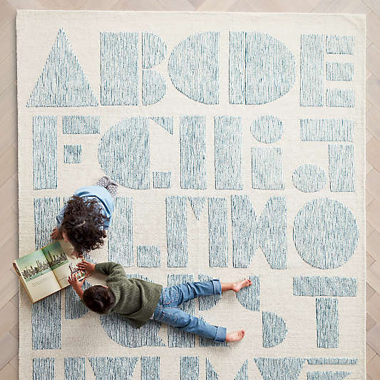 Modern Alphabet Blue Kids Wool Area Rug 6'x9'