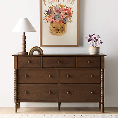 Jenny Lind 54" Deep Brown Wood Wide 7-Drawer Kids Dresser