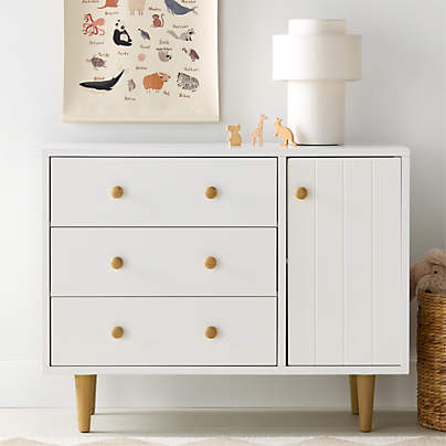 Finn 44" Narrow White Wood 3-Drawer Kids Dresser with Door