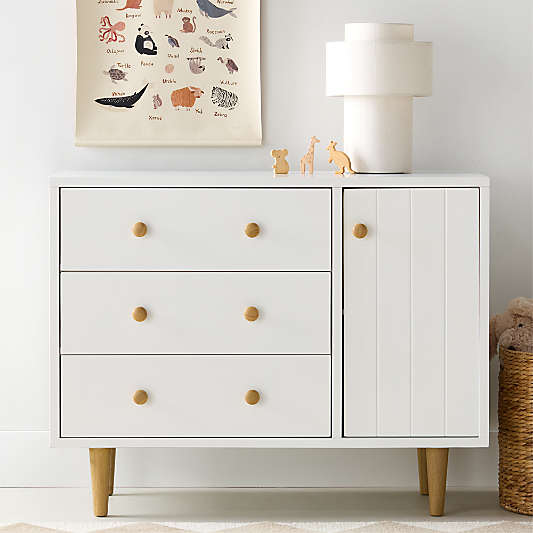 Finn 44" Narrow White Wood 3-Drawer Kids Dresser with Door