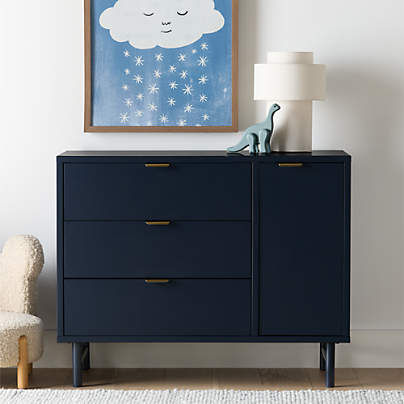 Classic 44"  Deep Navy Blue Wood 3-Drawer Kids Dresser with Door