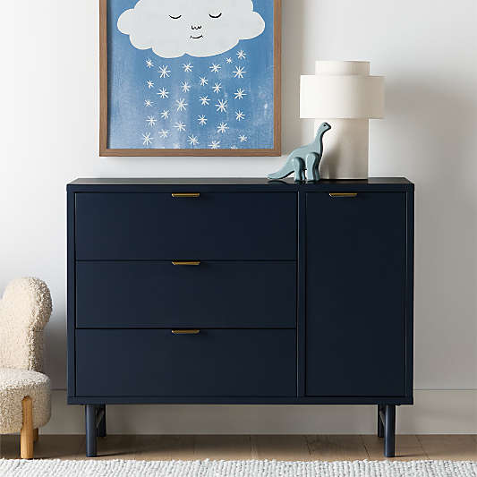 Classic 44" Deep Navy Blue Wood 3-Drawer Kids Dresser with Door