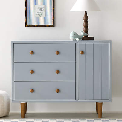 Finn 44" Narrow Mist Blue Wood 3-Drawer Kids Dresser with Door