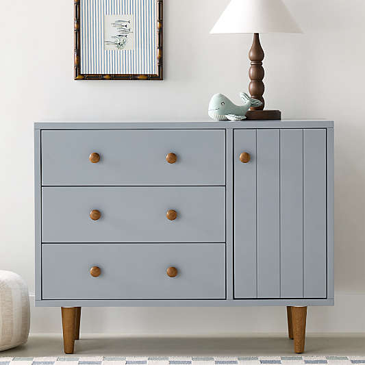Finn 44" Narrow Mist Blue Wood 3-Drawer Kids Dresser with Door