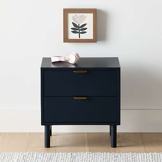Classic Deep Navy Blue Wood 2-Drawer Kids Nightstand