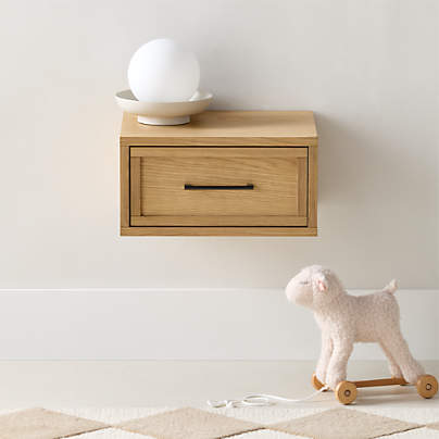 Set of 2 Oliver Natural Oak Wood Floating Kids Nightstand with Drawer