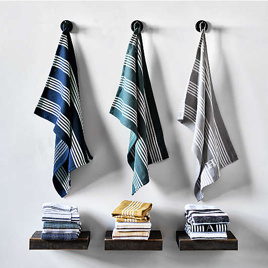 Cuisine Green with White Stripe Organic Cotton Kitchen Towels, Set of 2