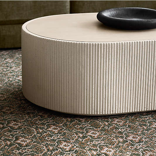 Kahn Off-White Concrete and Oak Wood Ribbed 62" Oval Coffee Table