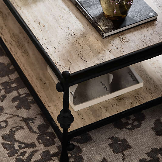 Estate Travertine and Metal 64" Rectangular Coffee Table with Shelf by Jake Arnold