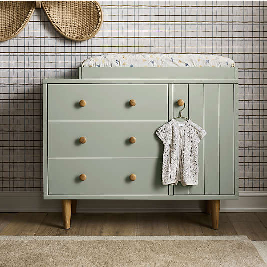 Finn 44" Narrow Sage Green Wood 3-Drawer Kids Dresser with Door