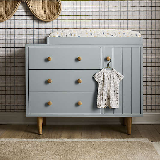 Finn 44" Narrow Mist Blue Wood 3-Drawer Kids Dresser with Door