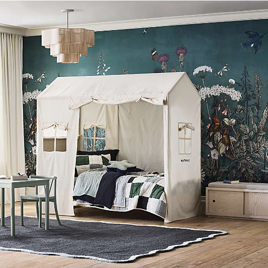 Gemini Sun Washed Ash Wood Kids Twin Tent Bed with Cream Cotton Cover