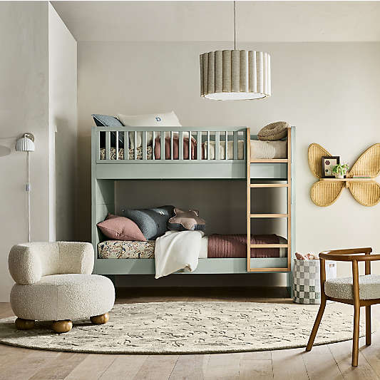 Finn Sage Green Wood Kids Convertible Bunk Bed with Oak Wood Ladder