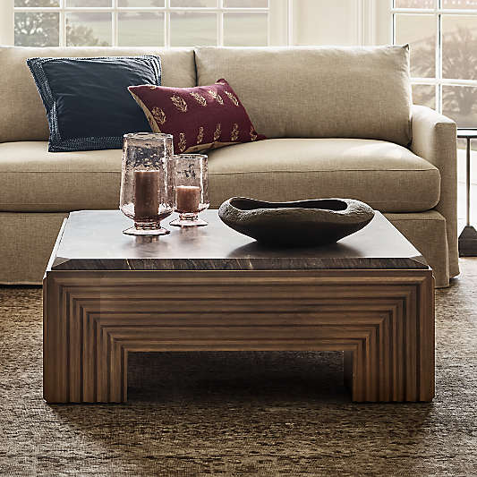 Whelford Brown Oak Wood and Marble 44" Square Coffee Table