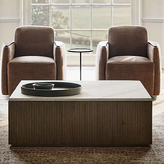 Troupe Marble and Oak Wood Ribbed 44" Square Coffee Table