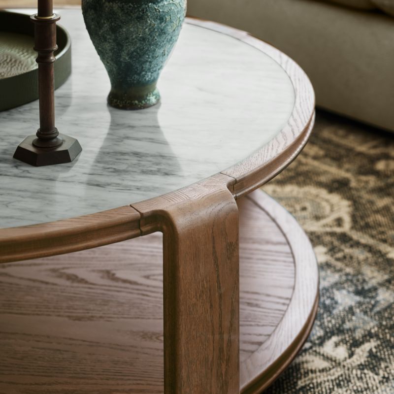 Edgeworth Brown Oak Wood and Carrara Marble 49" Round Coffee Table - image 3 of 7