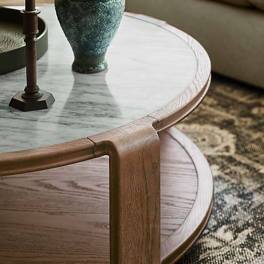 Edgeworth Brown Oak Wood and Carrara Marble 49" Round Coffee Table