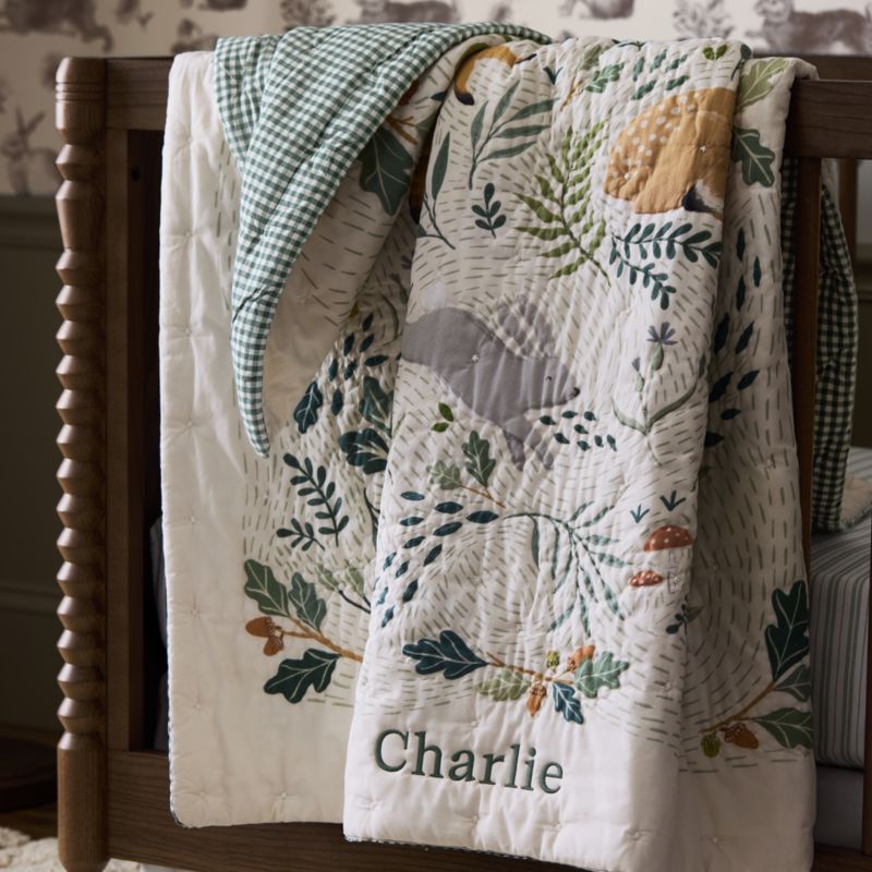Forest Friends Embroidered Organic Cotton Baby Crib Quilt - image 1 of 7