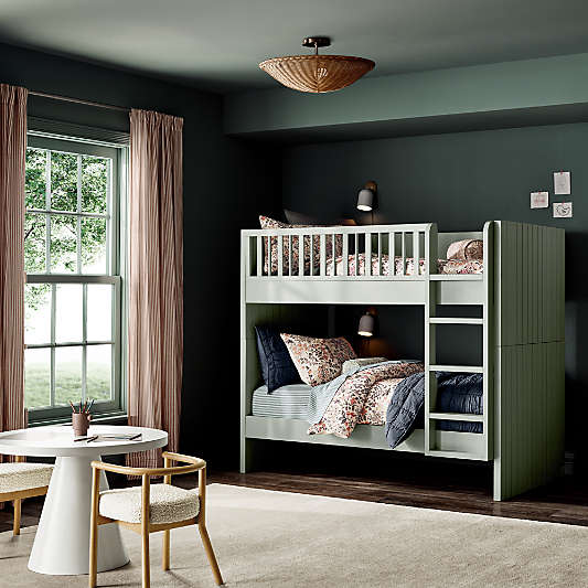 Finn Sage Green Wood Kids Convertible Bunk Bed with Sage Green Wood Ladder