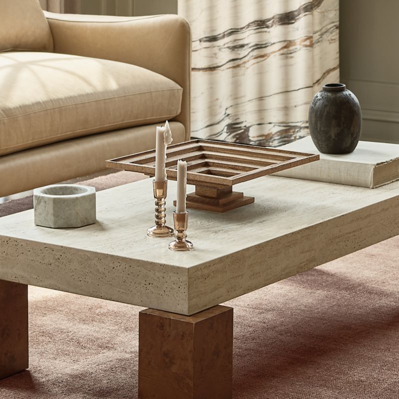 Dualité Travertine and Burl Wood 53" Coffee Table by Athena Calderone - image 5 of 13