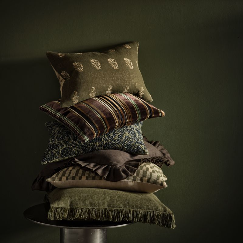 Sashiko Floral Organic Cotton Velvet 22"x15" Moss Green Throw Pillow Cover with Feather Insert - image 4 of 5