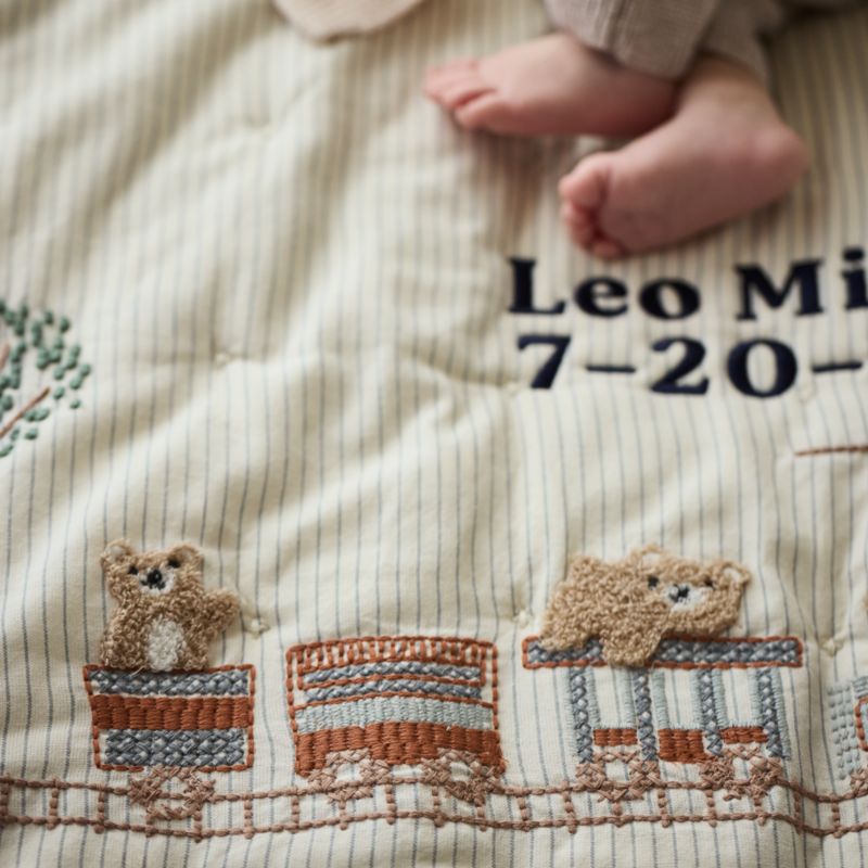 Teddy Train Embroidered Organic Cotton Baby Crib Quilt - image 3 of 8