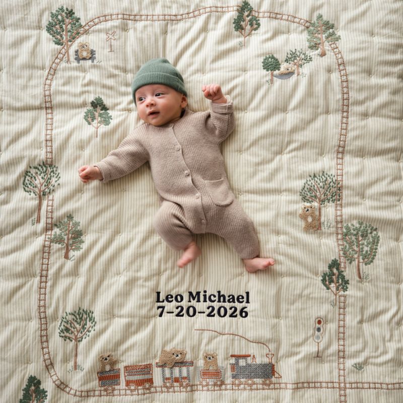 Teddy Train Embroidered Organic Cotton Baby Crib Quilt - image 1 of 8