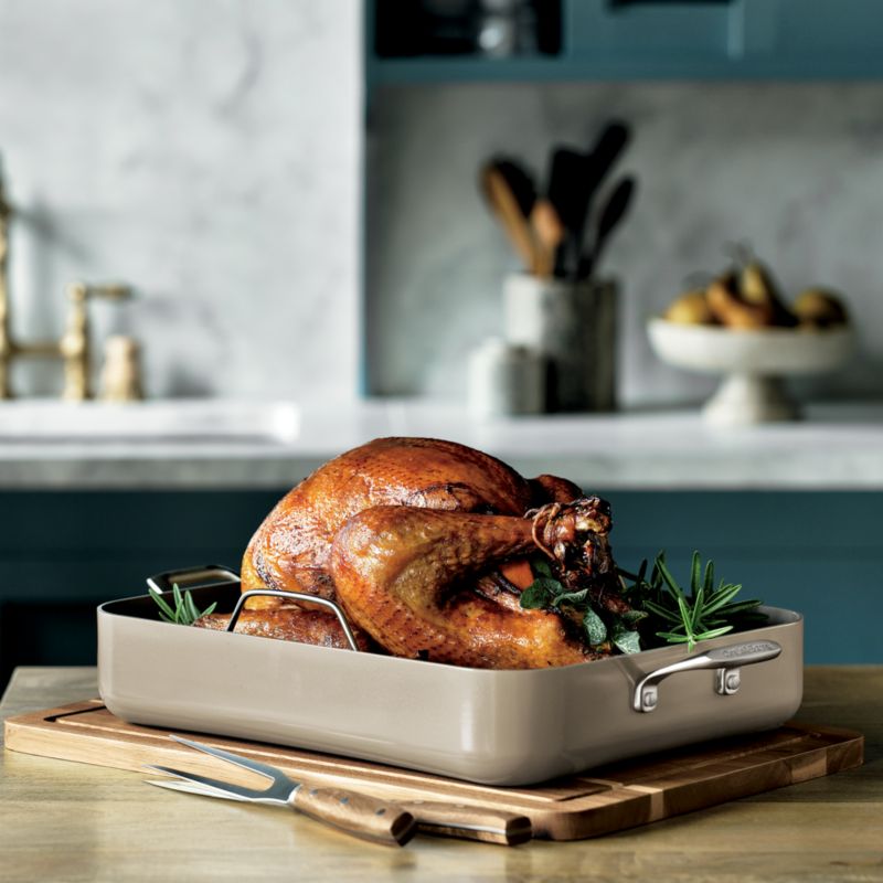 Crate & Barrel EvenCook Ceramic ™ Taupe Nonstick 21" Roasting Pan with Rack - image 1 of 4