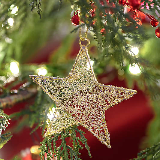 Gold Tinsel Star Christmas Tree Ornaments, Set of 12