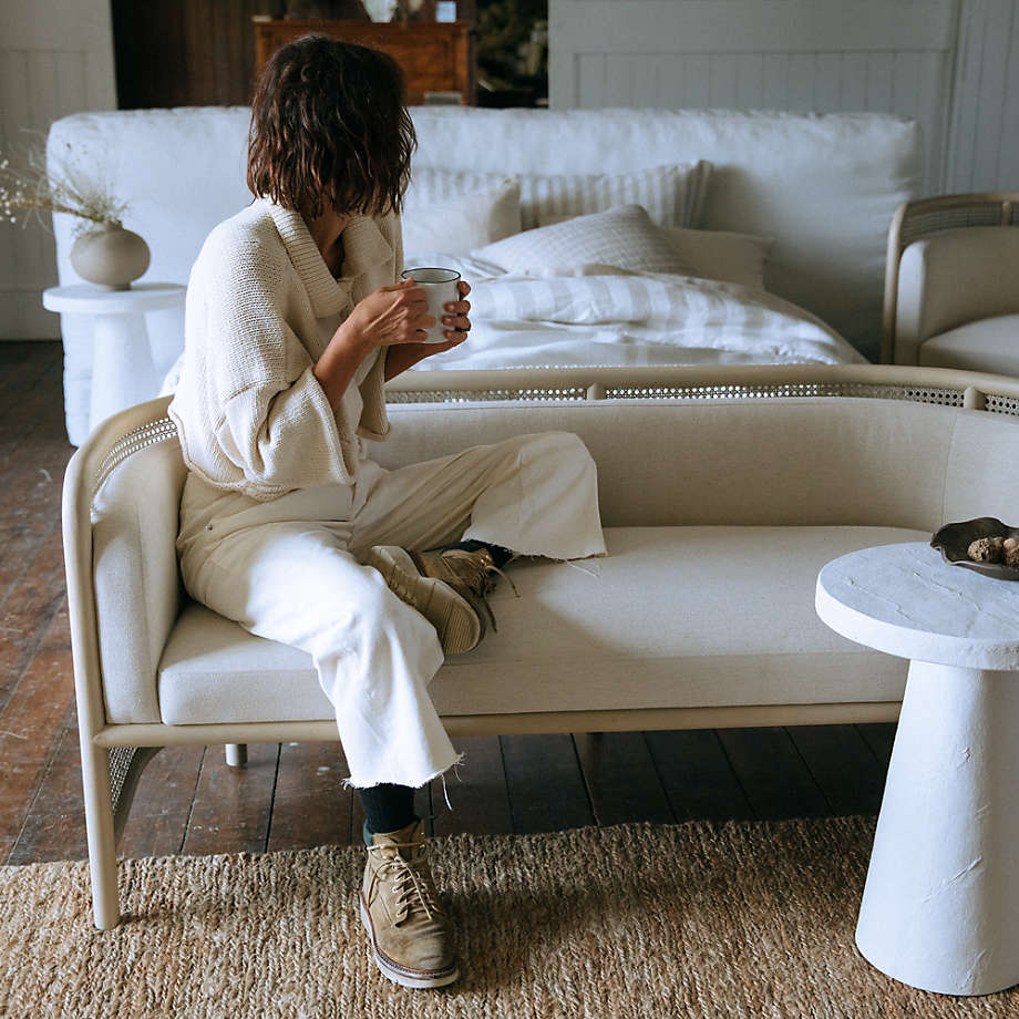 Fields White Wash Cane Settee with Natural Cushion by Leanne Ford
