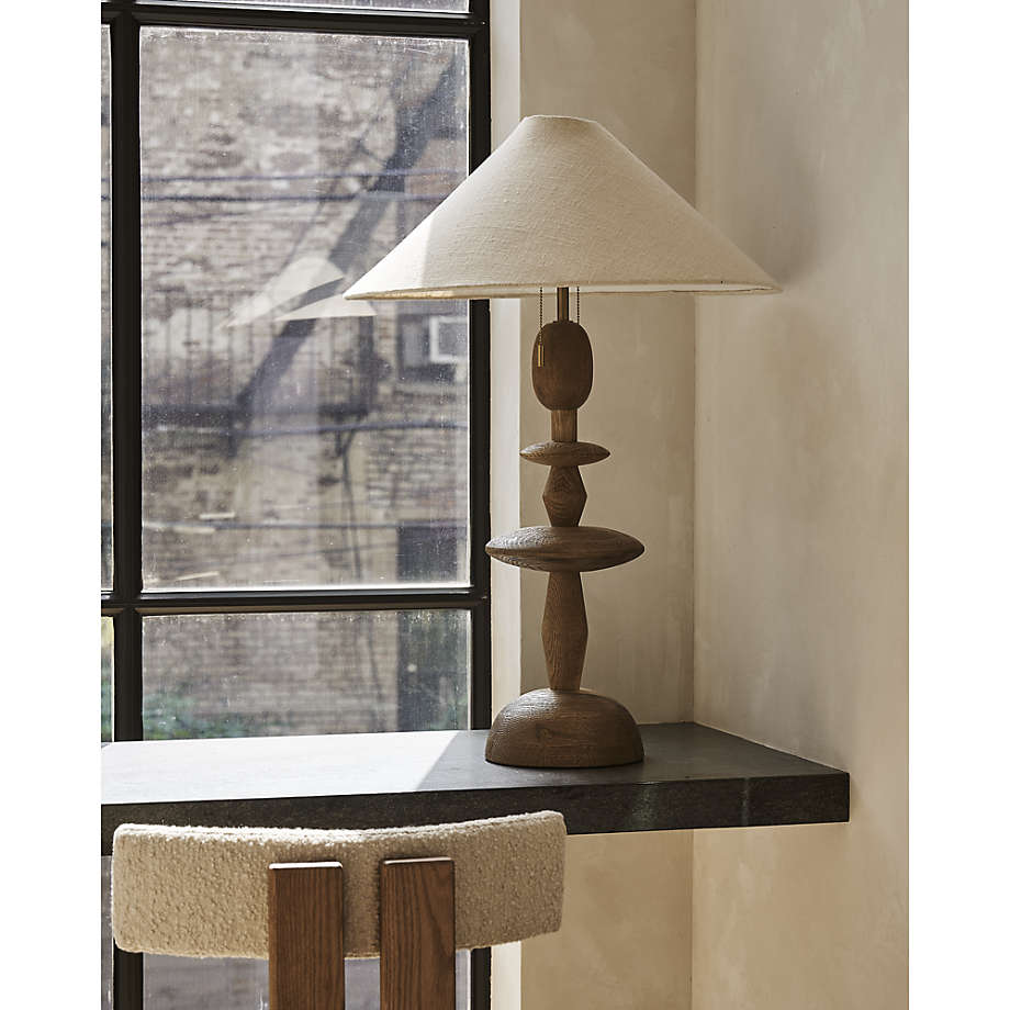 Tournage Oak Wood Table Lamp with Ivory Shade by Athena Calderone
