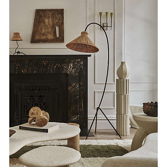 L'Union Black Metal Arc Floor Lamp with Rattan Shade 73" by Athena Calderone
