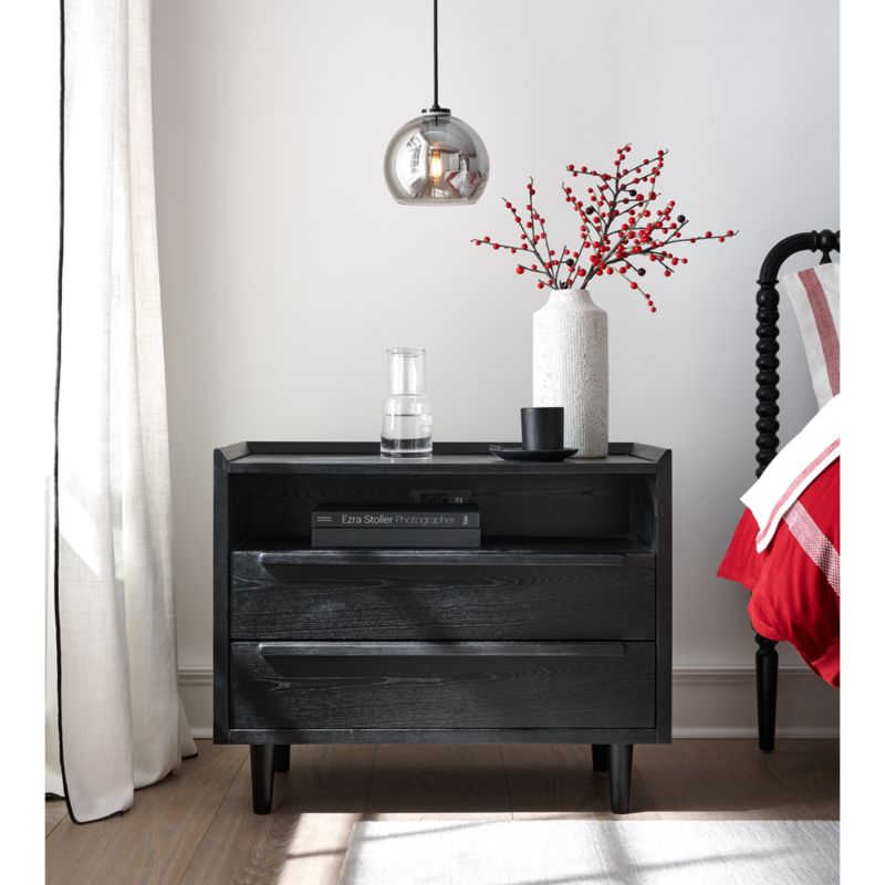 Tate Black 2-Drawer Mid-Century Nightstand with Power Outlets