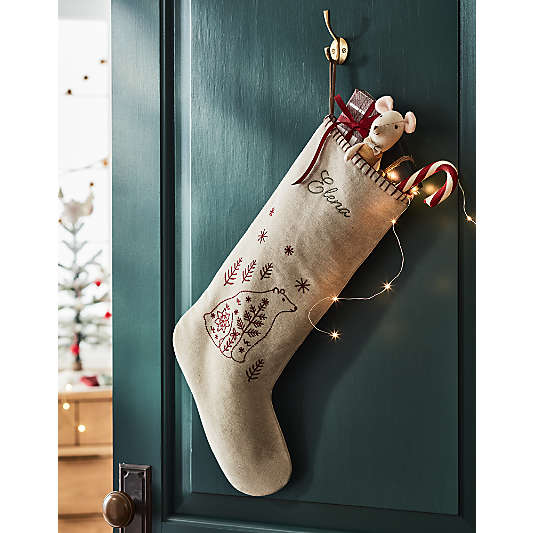 Scandi Heritage Bear Linen Kids Christmas Stocking
