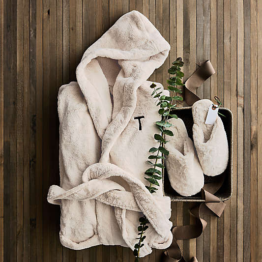 Small/Medium Plush Faux Fur Calm Beige Hooded Bath Robe