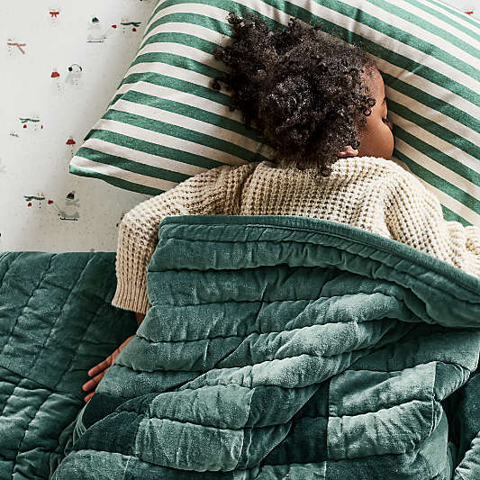 Checkerboard Pine Green Hand-Quilted Organic Cotton Velvet Kids Full/Queen Quilt