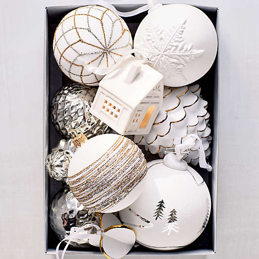European Silver and Gold Glitter Striped White Glass Ball Christmas Tree Ornament, Set of 4