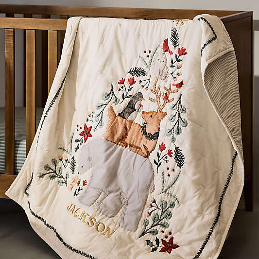 Winter Wonderland Embroidered Organic Cotton Baby Crib Quilt
