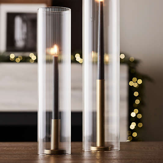 Orion Small Brass Finish Taper Candle Holder with Short Fluted Glass Candle Holder Sleeve