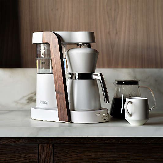 Ratio Eight Series 2 Linen White and Walnut Coffee Maker with Thermal and Glass Carafe