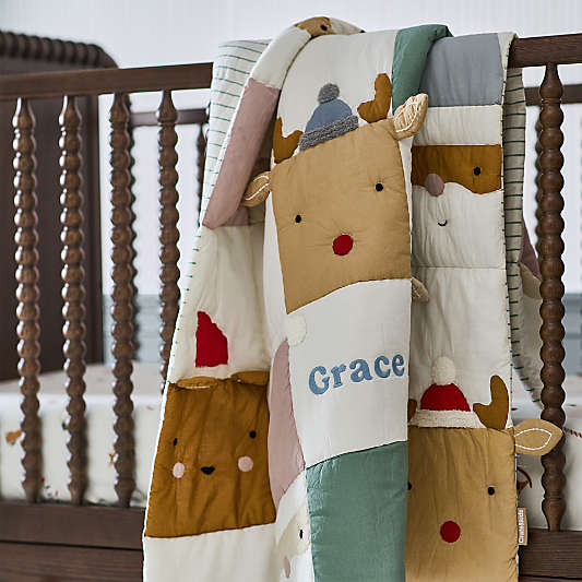 Hopscotch Holiday Embroidered Organic Cotton Baby Crib Quilt