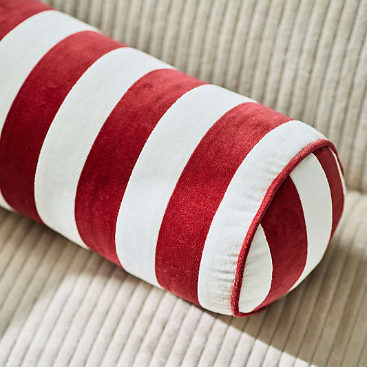 Red and White Harriet Stripe Velvet Kids Bolster Pillow