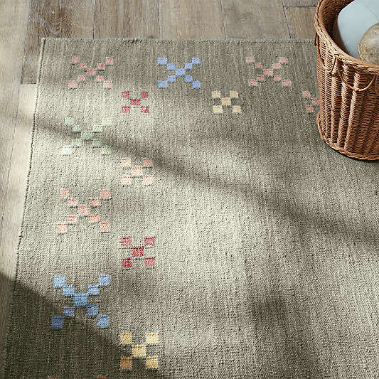 Broderie Kilim Green Wool and Cotton Kids Area Rug by Sharland England