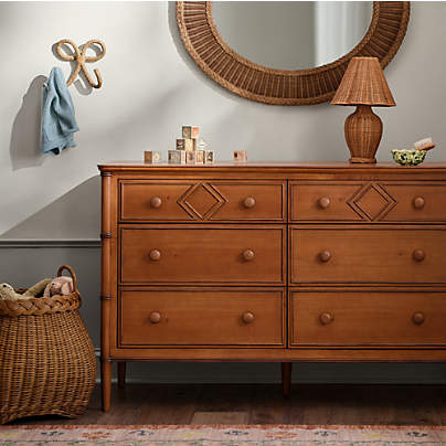 Crosby Antique Amber Wood Wide 6-Drawer Kids Dresser by Sharland England